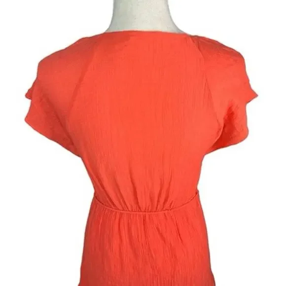 Lush hot coral orange flutter sleeve Mini dress wrap summer coquette cowgirl - Picture 8 of 11